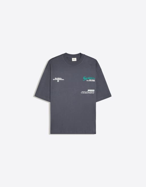 Bershka kortärmad boxig t-shirt med tryck i grått och svart, 5 av 5