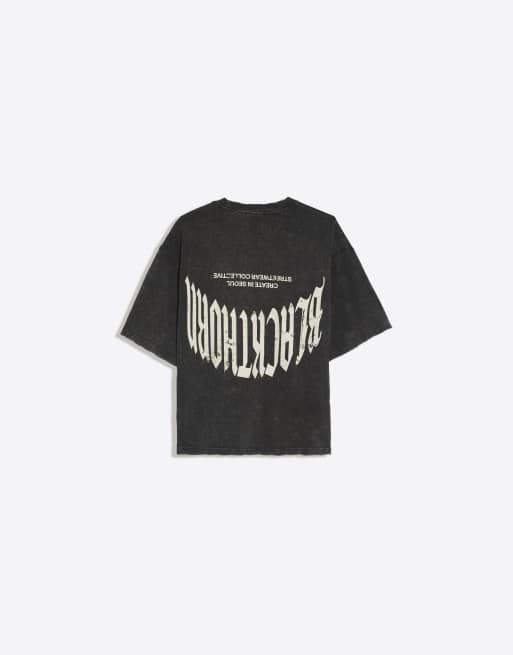 Bershka kortärmad boxig t-shirt med tryck i svart, 6 av 6