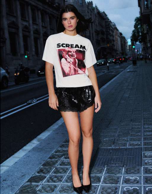 Bershka kortärmad t-shirt med Scream-tryck i vitt, 4 av 5