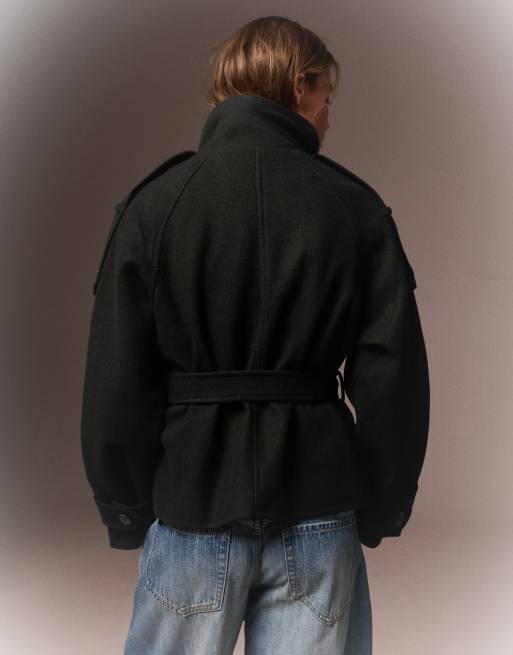 Bershka - Korte trenchcoat met opstaande boord in zwart, 3 van 6