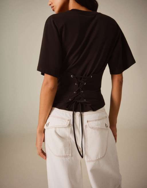 Bershka kortærmet corset T-shirt i brun, 2 af 5