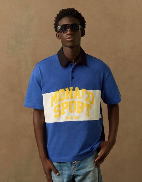 Bershka kortærmet poloskjorte med print i denimblå - view 1
