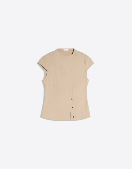 Bershka kortærmet slå om-skjorte i beige, 5 af 5