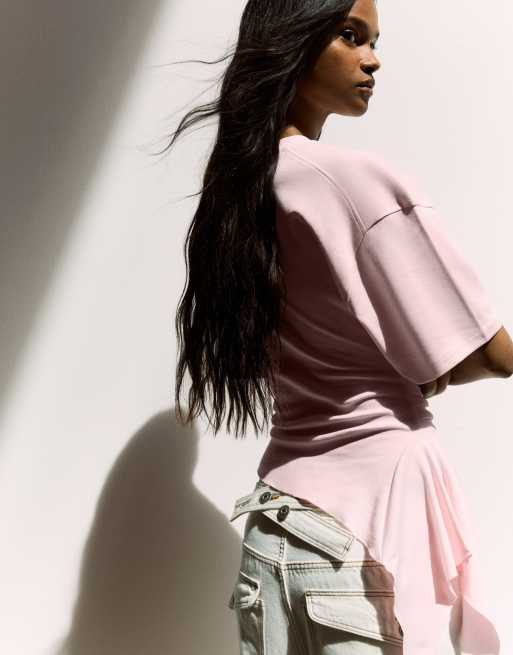 Bershka kortærmet T-shirt med rynkedetaljer i pink, 3 af 5