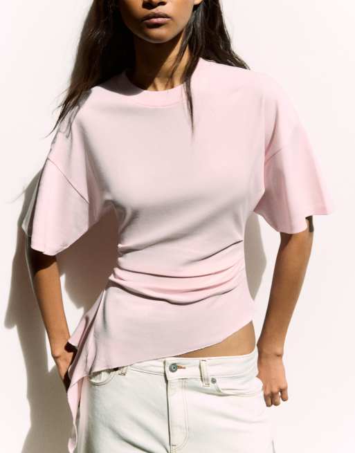 Bershka kortærmet T-shirt med rynkedetaljer i pink, 4 af 5