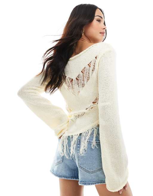 Bershka – Kremowożółty dzianinowy top z frędzlami, 3 z 4