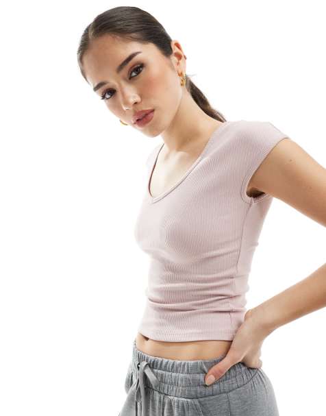 Bershka – Krótki różowy T-shirt z dekoltem w kształcie litery V - view 1