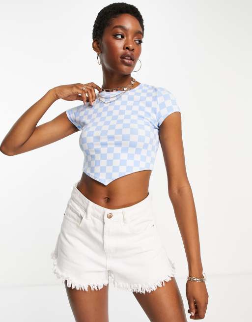 Bershka – Krótki top ze spiczastym dołem w niebieską kratę, 4 z 4