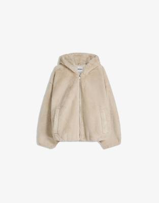 Bershka - Kunstpelz-Jacke mit Kapuze in Beige-Neutral