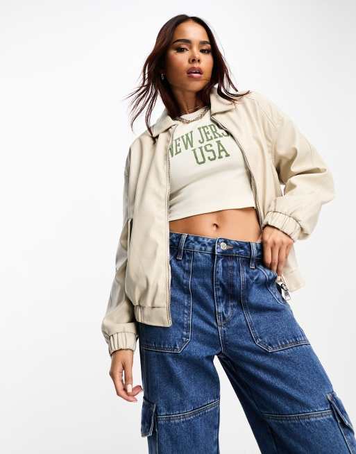 Bershka – Kurtka typu dad z imitacji skóry w kolorze ecru