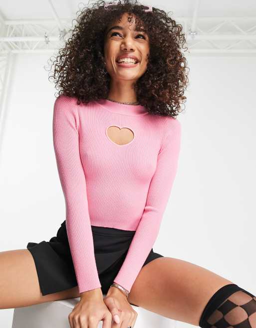 Bershka – Kurz geschnittener Pullover in Rosa mit Herzdetail im Stil der 90er