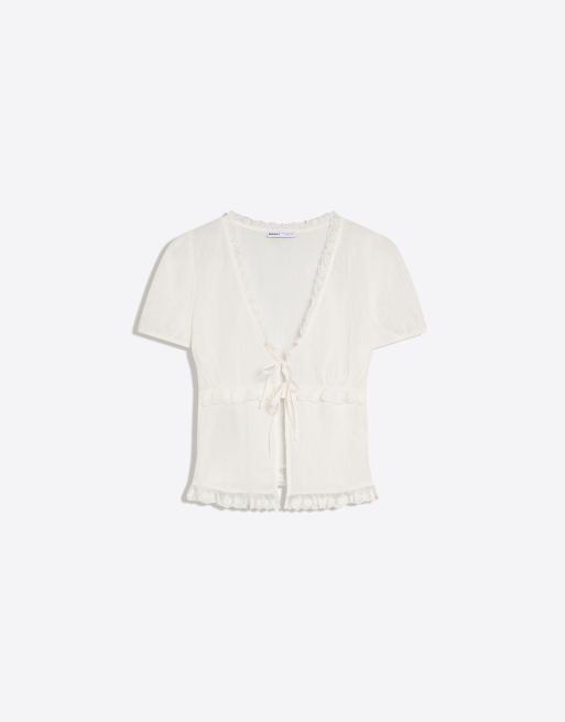 Bershka – Kurzärmlige Bluse in Weiß mit Schnürung, 3 von 4