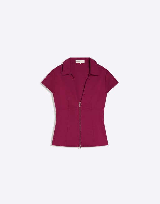 Bershka – Kurzärmlige Hemdbluse in Burgunderrot mit Reißverschluss und Print, 5 von 5