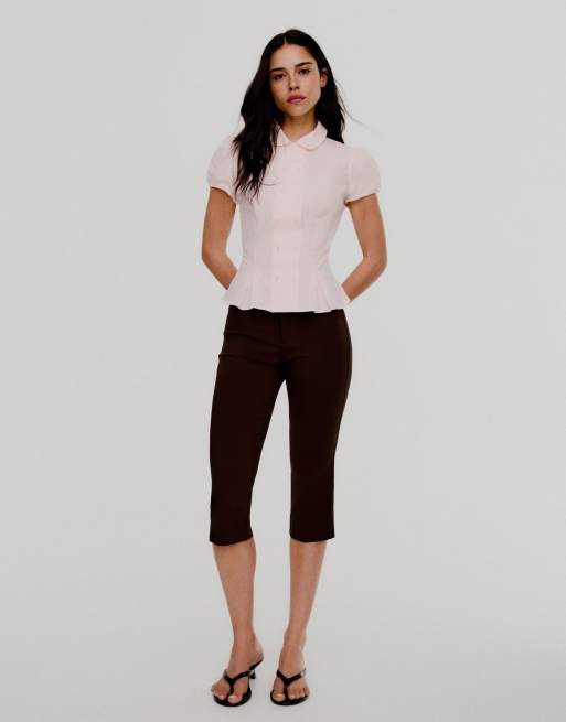Bershka – Kurzärmlige Hemdbluse in Rosa mit Bubikragen, 3 von 4