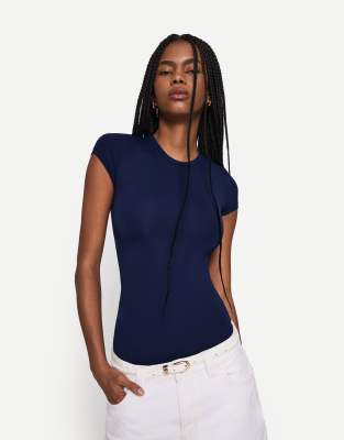 Bershka - Kurzärmliger Body in Blau-Marineblau