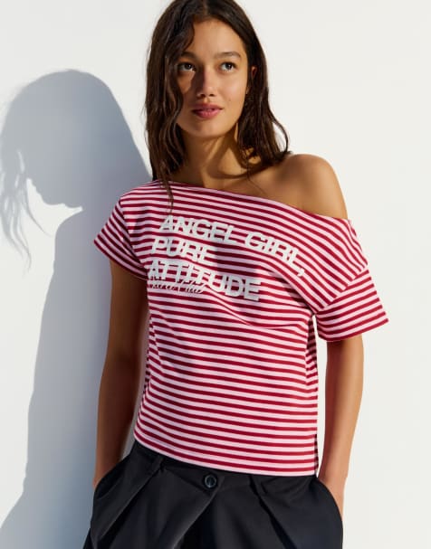 Bershka – Kurzärmliger Pullover in Rosa mit asymmetrischem Ausschnitt und Print - view 1
