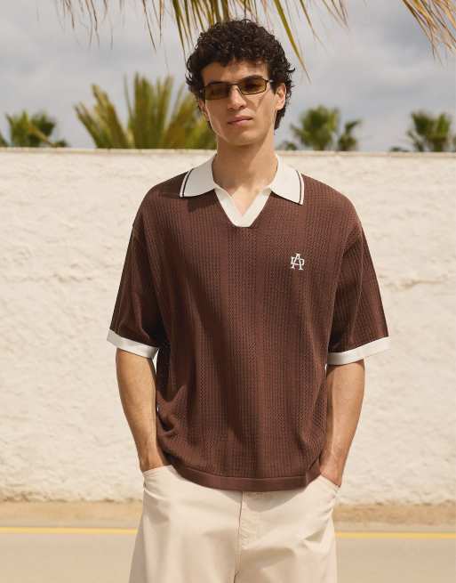 Bershka – Kurzärmliges, gestreiftes Polohemd in Braun, 2 von 4