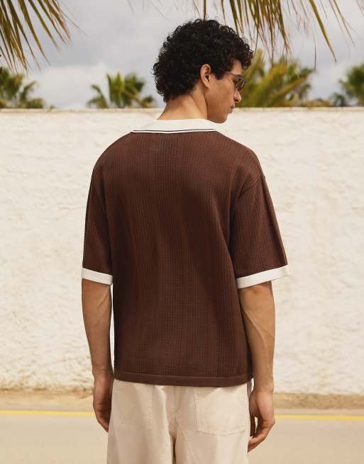 Bershka – Kurzärmliges, gestreiftes Polohemd in Braun, 3 von 4