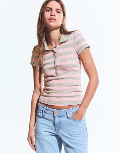 Bershka – Kurzärmliges, gestreiftes Polohemd in Rosa - view 1