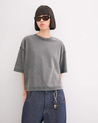 Bershka - Kurzärmliges, kastiges Baumwoll-T-Shirt in Grau-Anthrazit