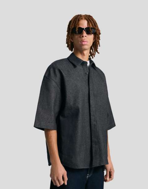 Bershka – Kurzärmliges, kastiges Hemd in Blau - view 1