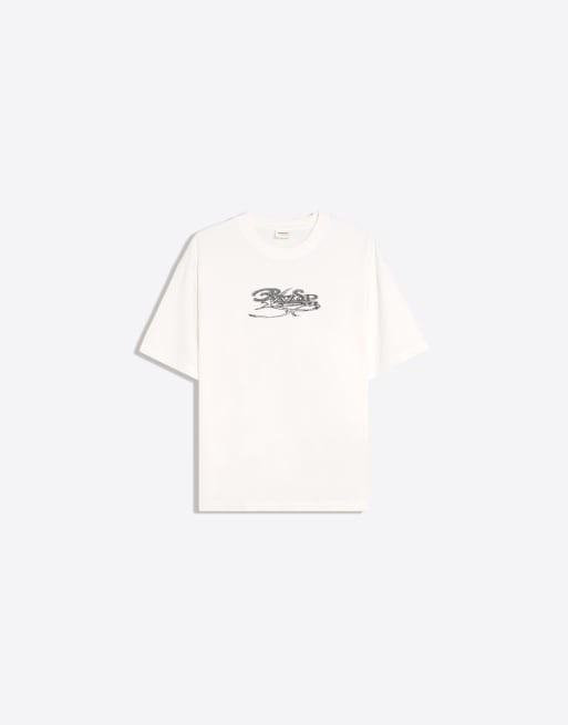 Bershka – Kurzärmliges, kastiges T-Shirt in Weiß mit Print, 4 von 5