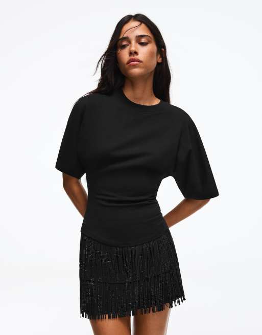 Bershka kurzärmliges Korsett-T-Shirt in Schwarz, 4 von 5