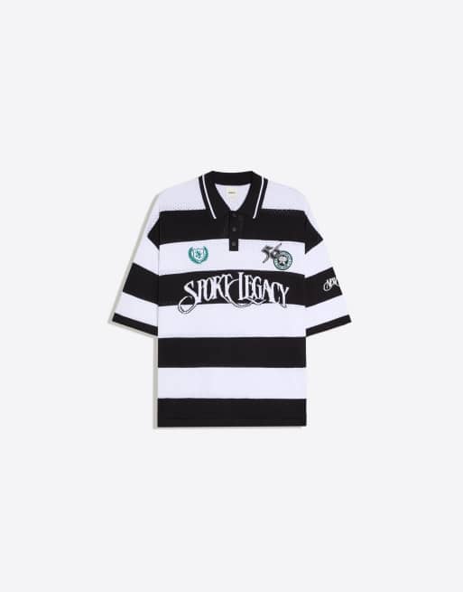Bershka kurzärmliges Mesh-Polohemd in Schwarz und Weiß, 5 von 5