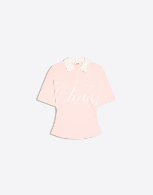 Bershka kurzärmliges Polohemd mit Schärpen-Print in Pink, 5 von 5