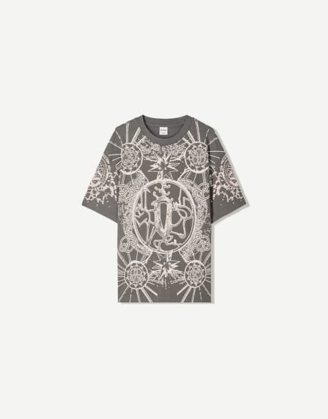 Bershka – Kurzärmliges T-Shirt in Grau mit Print - view 1