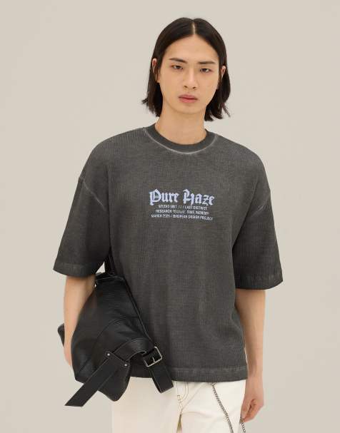 Bershka – Kurzärmliges T-Shirt in Grau mit Waffelstruktur und Print - view 1