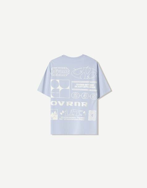 Bershka – Kurzärmliges T-Shirt in Jeansblau mit Print - view 1
