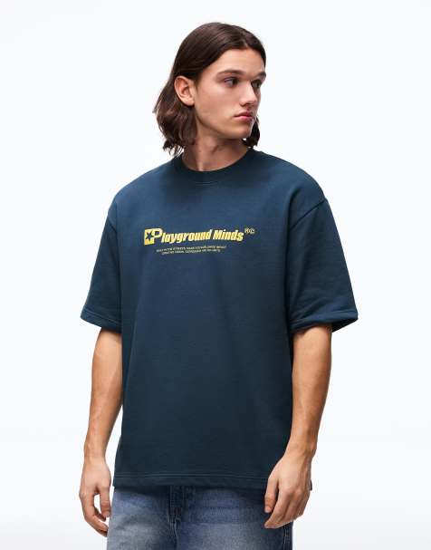 Bershka – Kurzärmliges T-Shirt in Jeansblau mit Sweatshirt-Print - view 1