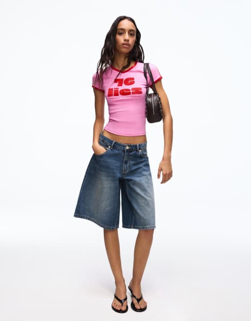 Bershka – Kurzärmliges T-Shirt in Rosa mit Kontrastprint, 3 von 4