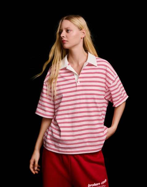 Bershka – Kurzärmliges T-Shirt in Rosa mit Polokragen - view 1