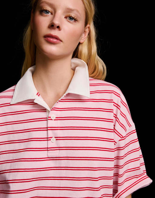 Bershka – Kurzärmliges T-Shirt in Rosa mit Polokragen, 3 von 4