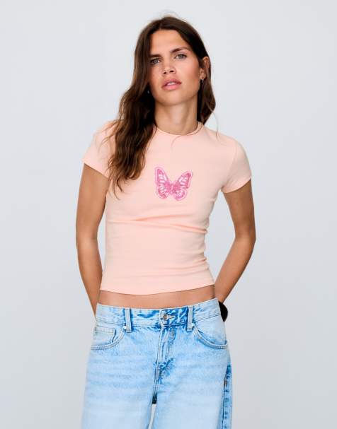 Bershka – Kurzärmliges T-Shirt in Rosa mit Print und Perlen - view 1