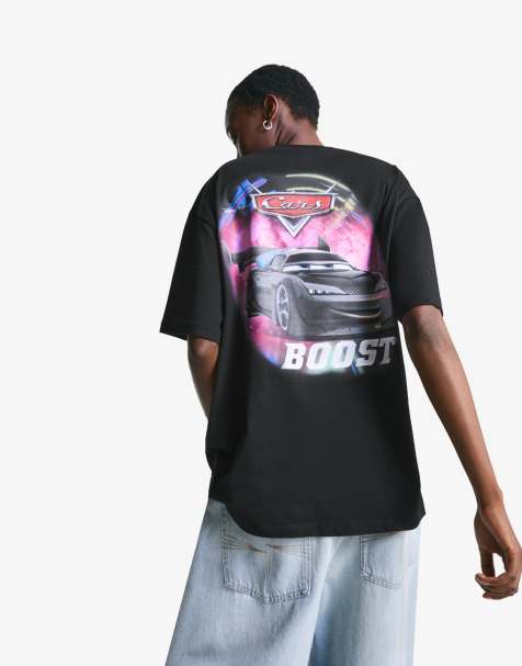 Bershka – Kurzärmliges T-Shirt in Schwarz mit „Cars“-Grafikprint - view 1