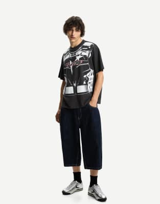 Bershka – Kurzärmliges T-Shirt in Schwarz mit Print - view 1