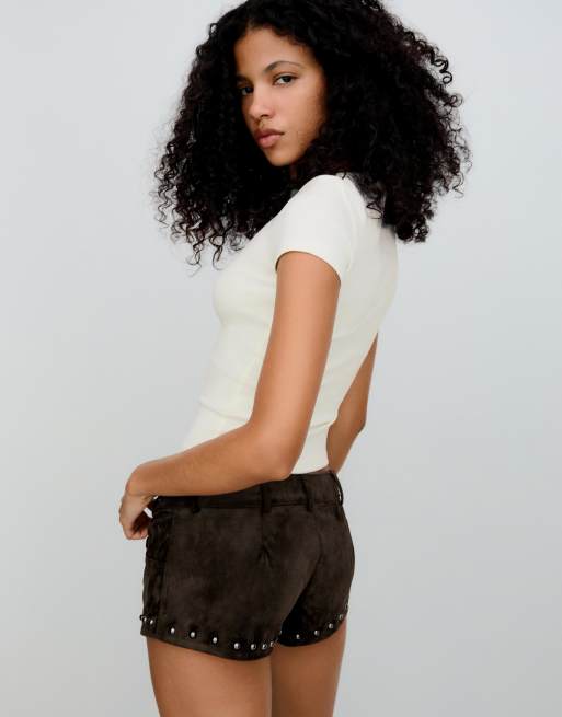 Bershka – Kurzärmliges T-Shirt in Weiß mit Pailletten-Print, 2 von 4