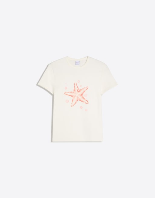 Bershka – Kurzärmliges T-Shirt in Weiß mit Pailletten-Print, 4 von 4