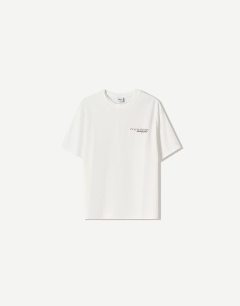 Bershka – Kurzärmliges T-Shirt in Weiß mit Print - view 1