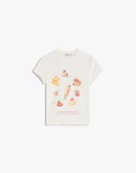 Bershka – Kurzärmliges T-Shirt in Weiß mit Print - view 1