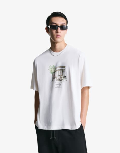 Bershka – Kurzärmliges T-Shirt in Weiß mit Print - view 1