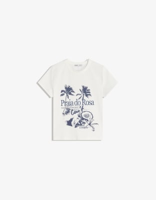 Bershka - Kurzärmliges T-Shirt in Weiß mit Print