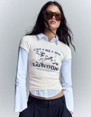 Bershka - Kurzärmliges T-Shirt in Weiß mit Print