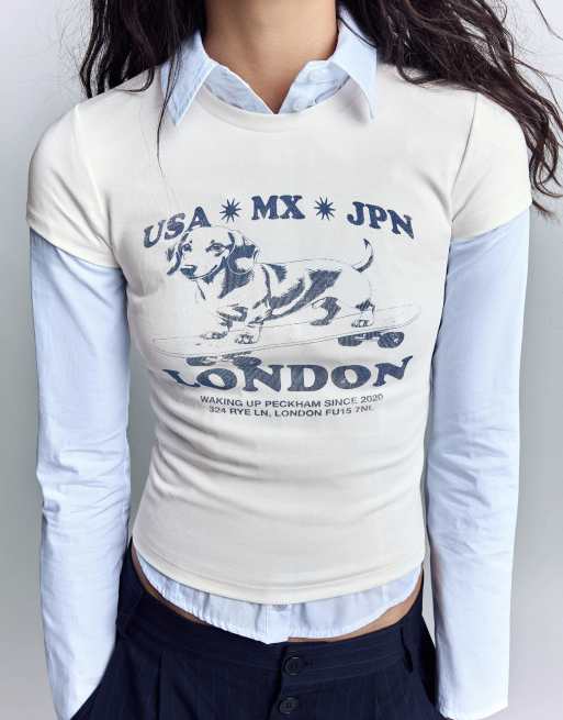 Bershka – Kurzärmliges T-Shirt in Weiß mit Print, 3 von 4