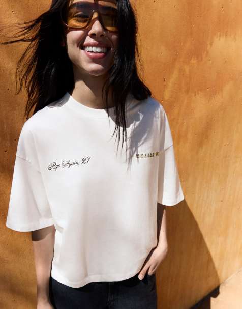 Bershka – Kurzärmliges T-Shirt in Weiß mit Print - view 1