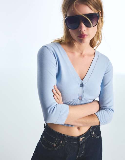 Bershka kurze Jacke mit V-Ausschnitt in Denimblau, 2 von 5