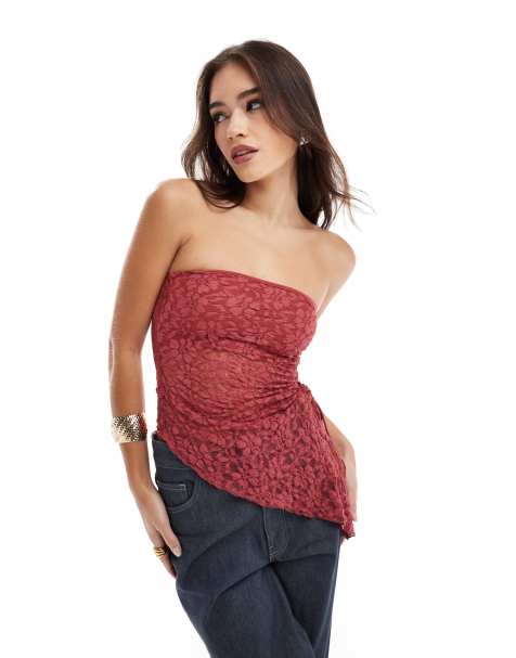 Bershka lace bandeau top in burgundy - view 1